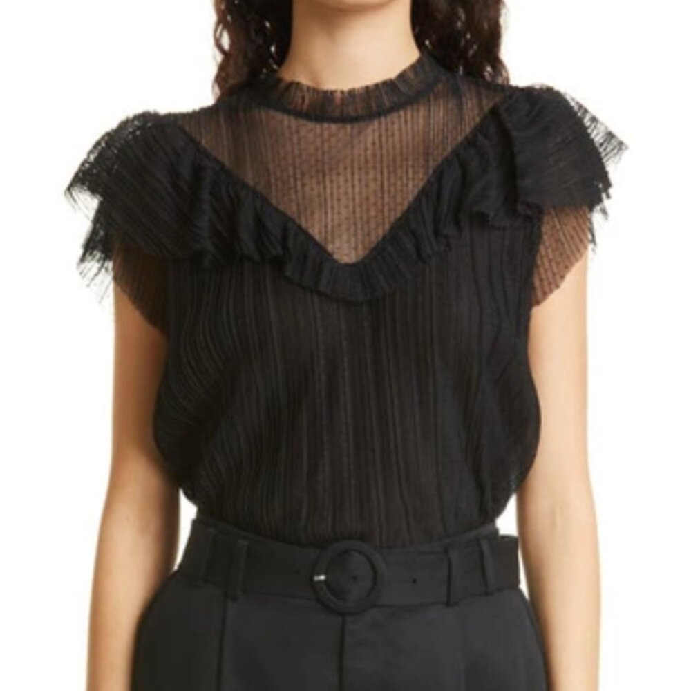 Ted Baker Kaelly Pleated Mesh Top with Frills Black Size 1
